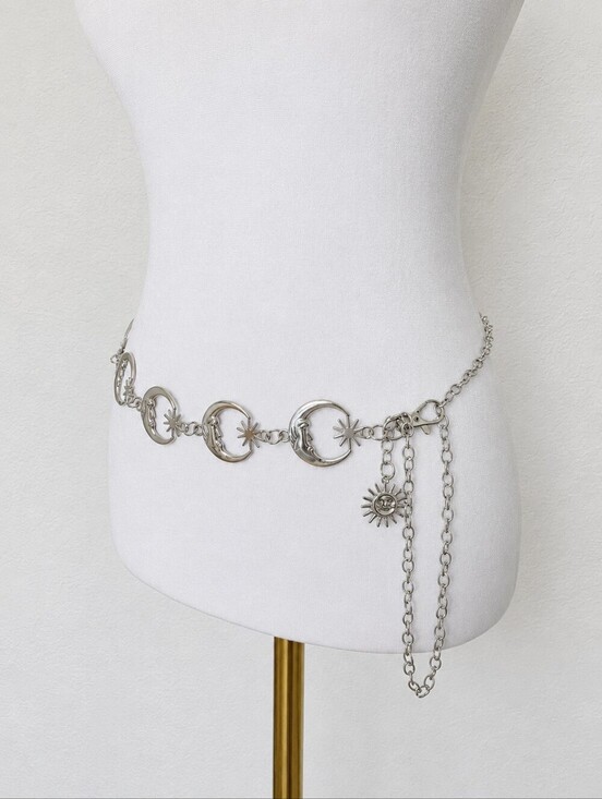 Silver Celestial Moon & Sun Chain Belt 45” Y2K Festival Boho Whimsy Goth main image 5